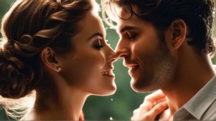 Fototapeta premium A man and a woman stand face-to-face, their eyes locked in intimate proximity