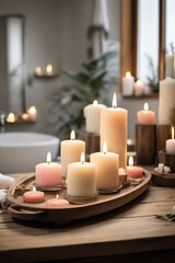 Fototapeta na wymiar Composition of candles in wooden tray in a bathroom