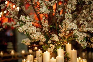beautiful flowering tree with burning white candles decoration