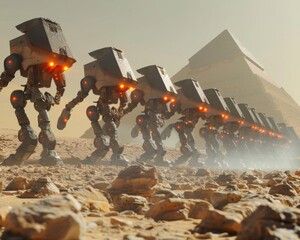An army of robotic guardians patrolling the perimeter of the pyramid ready to defend against intruders - obrazy, fototapety, plakaty