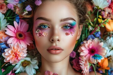 beautiful young woman with colourful makeup surrounded by flowers