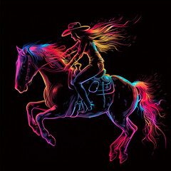 Obraz na płótnie Canvas cowgirl riding a horse in neon colors illustration on a black background