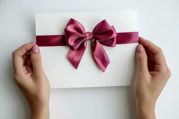 Letter with gift silk ribbon bow holding in women's hands