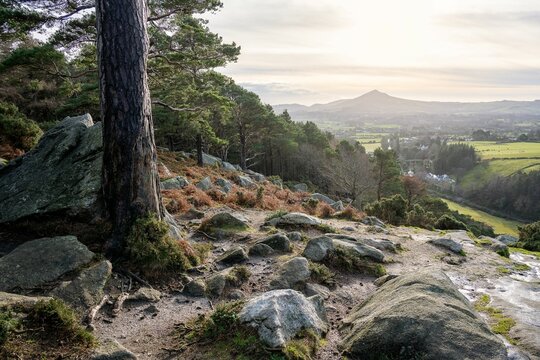 Aerial view of the iconic Sugarloaf Mountain situated in the Dublin Mountains, Ireland