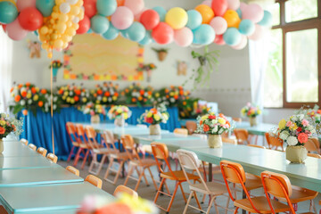 A kindergarten graduation setup with colorful chairs, balloons, and a festive table with flowers