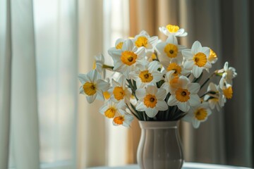 Bouquet of fresh white tulips in a glass vase on a blurred cozy home