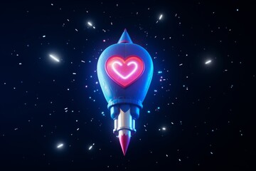 A rocket outlined in electric blue lighting up a heart-shaped constellation 3d