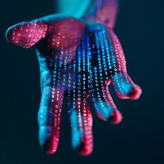 A digital representation of binary code on a hand