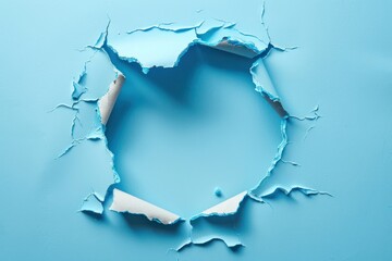 Breaking out of a hole in solid color wall, torn hole, empty copy space frame