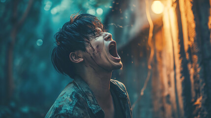 Distressed young man yelling in anguish, with atmospheric lighting in a dark alley. - obrazy, fototapety, plakaty