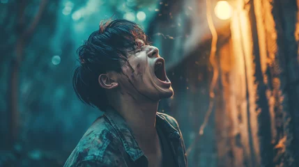Fotobehang Distressed young man yelling in anguish, with atmospheric lighting in a dark alley. © Alena