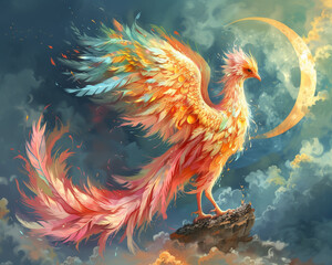 A pastel phoenix rising from ashes beneath a crescent moon, its feathers a kaleidoscope of gentle fire