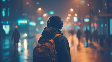 A solitary figure with headphones stands on a city street at night, lights blurred.