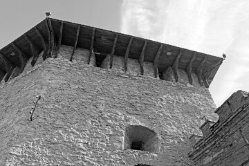 Top view of tower of Medzhybizh castle, Ukraine. Medzhybizh Castle, built as a bulwark against...