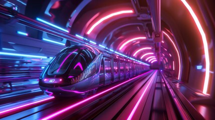 Show a futuristic train with dynamic motion effects zooming through a neon-lit tunnel at high speed