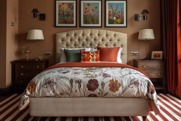 bedroom interior with a lush light bed, bright paintings with flowers on the walls, colorful bedspreads, light walls and a striped carpet on the floor.  two bedside tables 