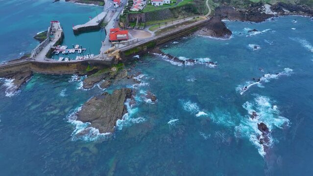 Comillas town, aerial view from a drone. Comillas Municipality. Cantabrian Sea. Cantabria. Spain. Europe