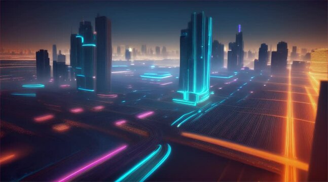 Animation in night city, fantasy futuristic world scene with skylight and lights.