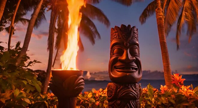 Aloha From Beyond, A Weathered Tiki Statue Casts a Warm Glow in the Tropical Night