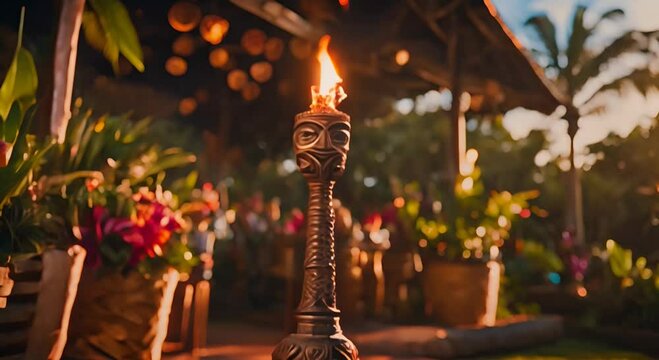 Pathway to Paradise, A Glowing Torch Guides the Way to a Serene Tiki Sanctuary