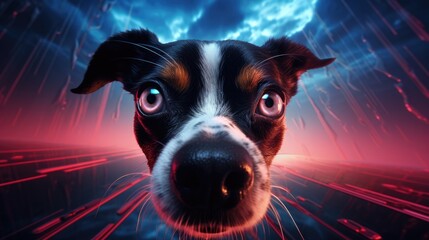 Hund mit intensiven Augen vor futuristischem Hintergrund