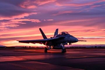 A fighter plane soaring through a fiery sunset