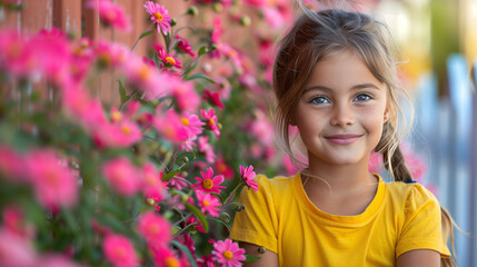 Smiling young girl in yellow shirt posing by vibrant pink flowers on a sunny day. - 772313186