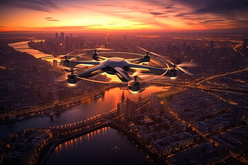 A futuristic drone is flying over a body of water with a beautiful sunset - Powered by Adobe