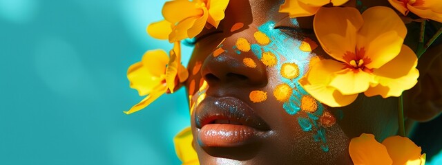 a woman with yellow flowers on her face