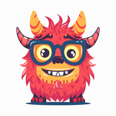 Funny cartoon monster with horns and glasses. Vector illustration isolated on white background