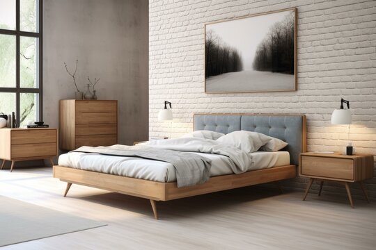 Cozy Scandinavian bedroom furniture. Home furniture. Generate AI