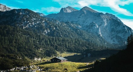Naklejka na ściany i meble Stunning aerial shot of the majestic Alps, featuring a beautiful mountain range
