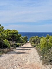Vertical shot of a winding dirt road leading away into the sea in Croatia