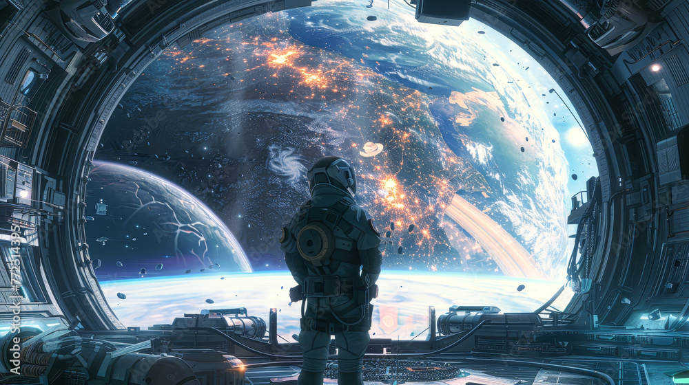 Wall mural a man in a space suit is looking out of a window of a spaceship. the scene is set in outer space wit