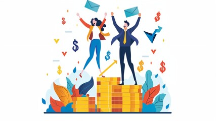 two people standing on top of a pile of money with their arms in the air - 772314508