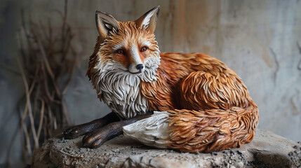 Fototapeta premium Detailed 3D clay sculpture of a fox, intricate fur texture, adorable and realistic