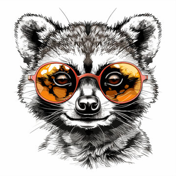 Portrait of raccoon with sunglasses. Hand drawn vector illustration