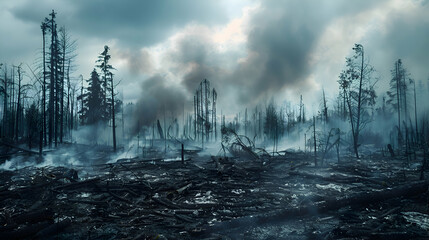 Charred remnants of a forest fire, a haunting reminder of the consequences of climate change - obrazy, fototapety, plakaty