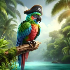 parrot perched on a branch against a tropical jungle wearing a tiny pirate hat
