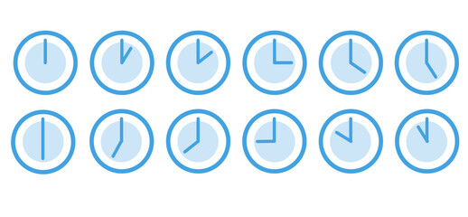 Vector clocks in medium stroke style showing each hour , illustrator black and white, icon, time passing, time, blue theme