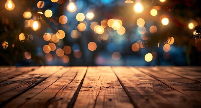 a wooden table with a blurry background of lights