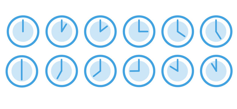 Vector clocks in medium stroke style showing each hour , illustrator black and white, icon, time passing, time, blue theme