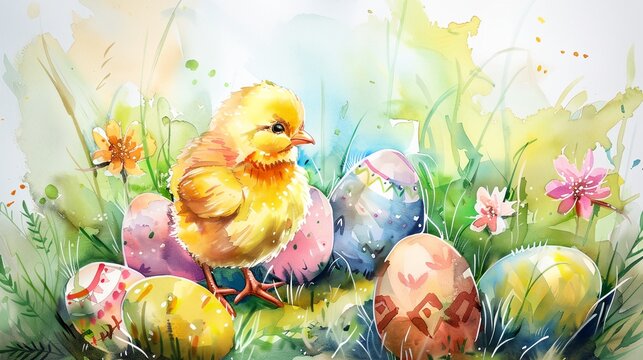 a watercolor painting of painted eggs in the grass with flowers and leaves around them