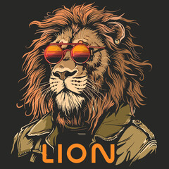 Lion in sunglasses. Vector illustration for t-shirt print - obrazy, fototapety, plakaty