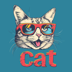 A cat wearing sunglasses and glasses with the word CAT written in red. The cat has a tongue sticking out and is smiling
