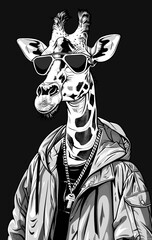 Giraffe in a jacket and sunglasses on a black background