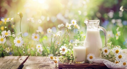 A glass of milk and a pitcher in a field of flowers - obrazy, fototapety, plakaty