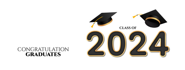 Graduation greeting banner design. Congratulations graduates background with graduation cap elements for class of 2024 graduates celebration. Vector illustration