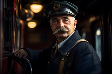 Train driver with uniform inside the train - obrazy, fototapety, plakaty