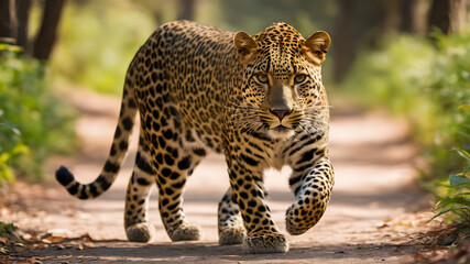 leopard on the way in forest - obrazy, fototapety, plakaty